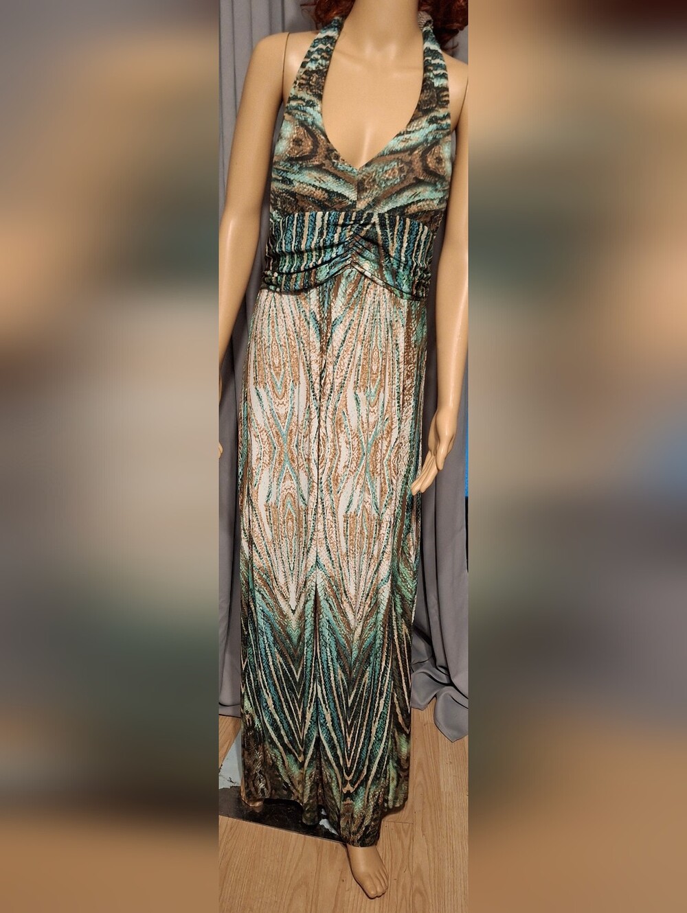 Shoreline Teal and Brown Halter Maxi Dress